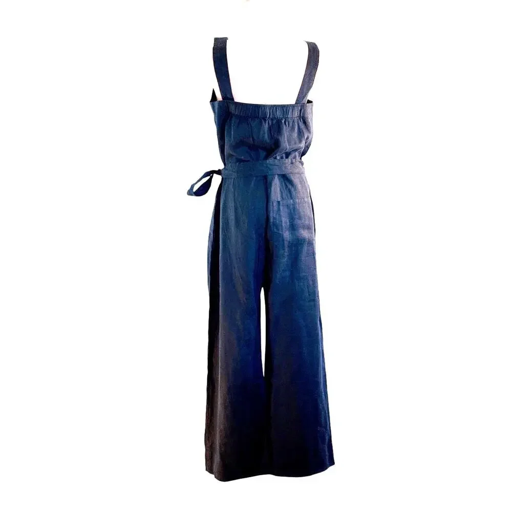 NWT QUINCE Jumpsuit Romper Sleeveless Adj. Straps Pockets Self-Tie Belt Blue S